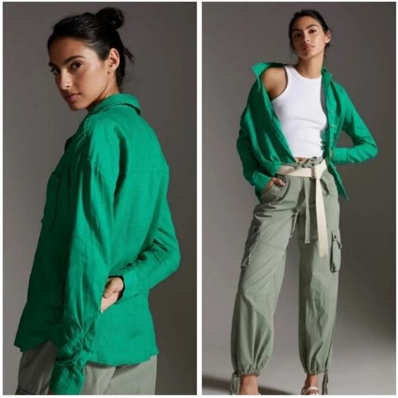 Anthropologie Maeve Linen Buttondown Kelley Green Patch Picket Womens Size S - Picture 2 of 9